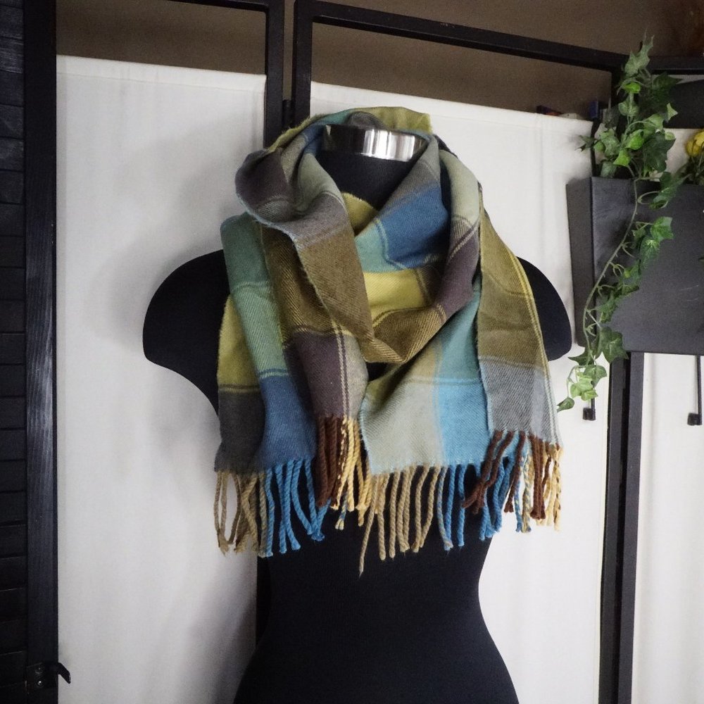 100% Cashmere Scarf Plaid Brown Gold Blue Fringe
